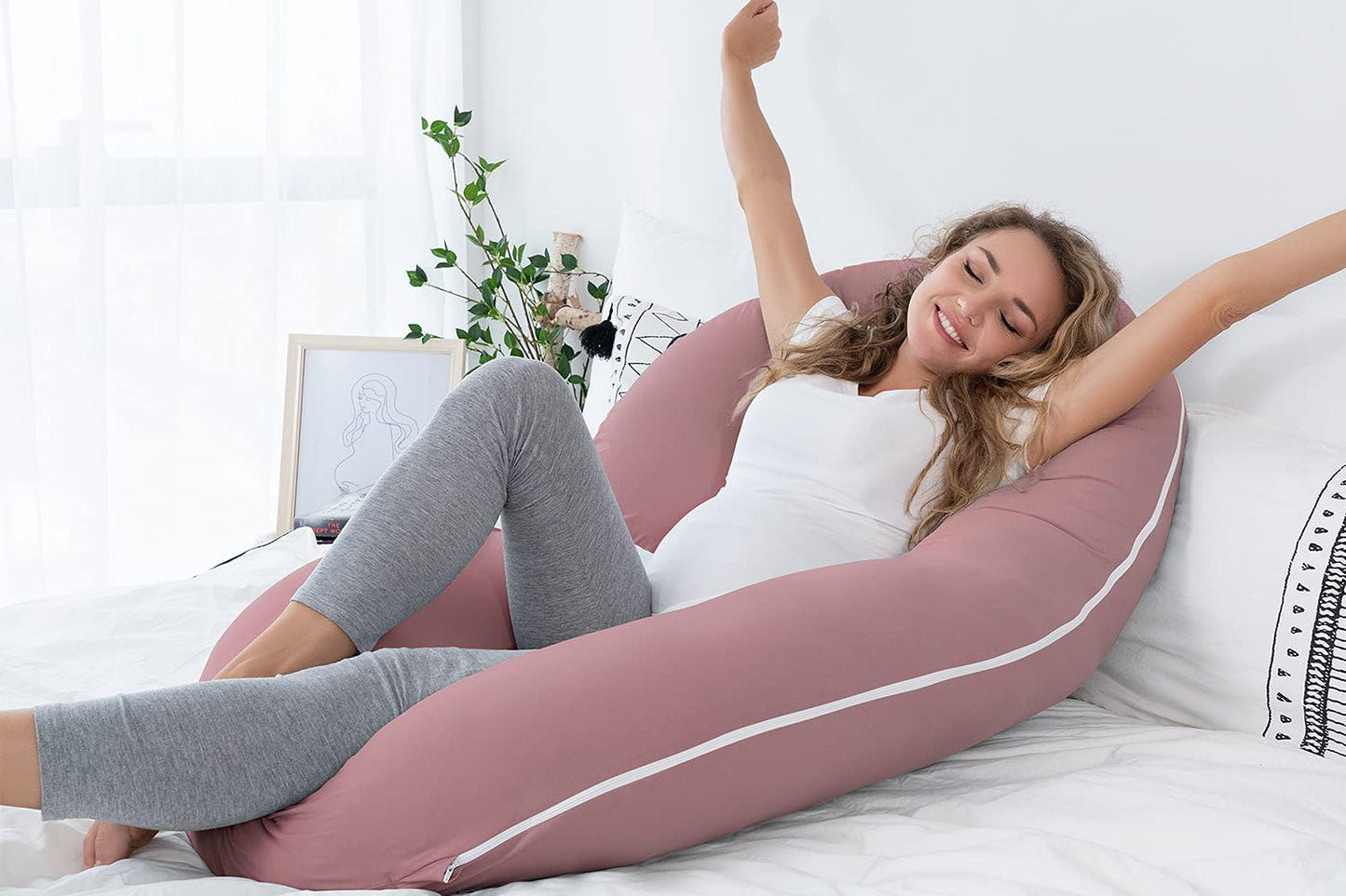 Cooling Pregnancy Pillow, Maternity Pillow with Soft Cotton Cover, C Shaped for Pregnant Sleeping (Cooling Cotton-Pink)